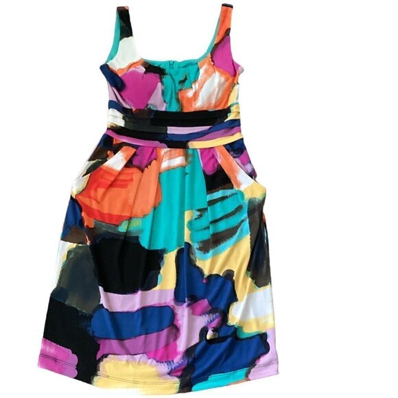 Bisou Bisou Sleeveless Sheath Dress Sz 4 Abstract Watercolor Print Pockets 217J - Picture 1 of 9